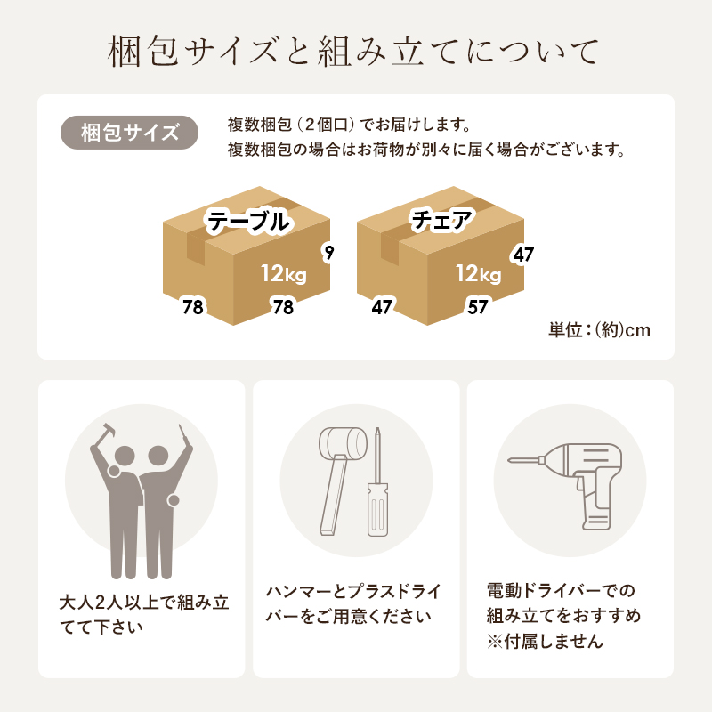 梱包サイズと組立について