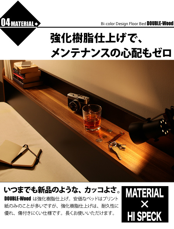 棚・コンセント付きバイカラーデザインフロアベッド 【DOUBLE-Wood