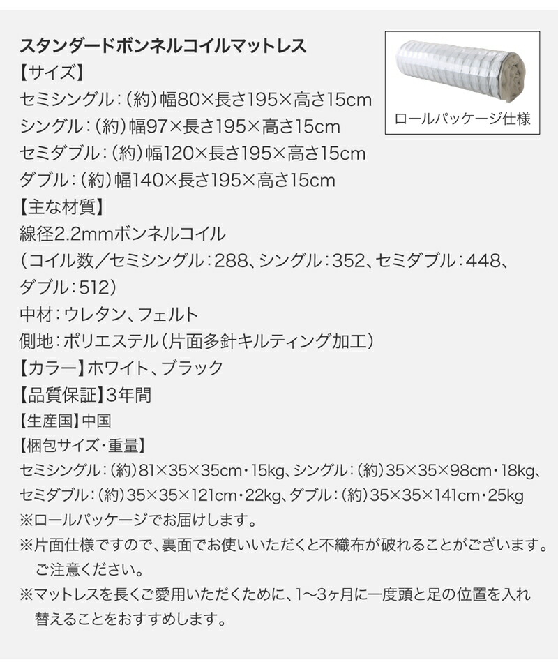 スタンダードボンネルコイルマットレス　スペック