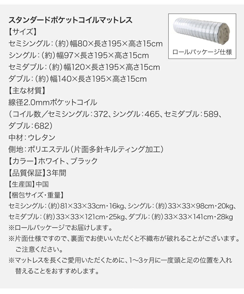 スタンダードポケットコイルマットレス　スペック