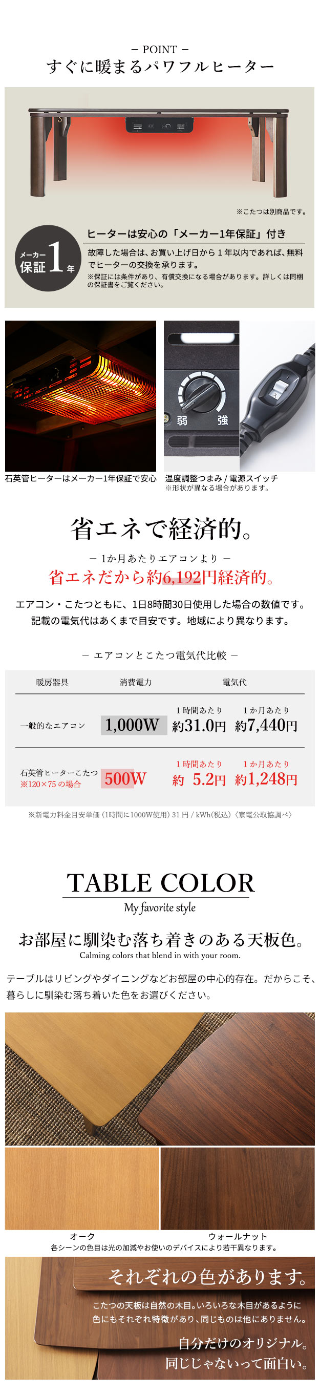 すぐに温まるパワフルヒーターは1年保証・こたつはエアコンより省エネで経済的