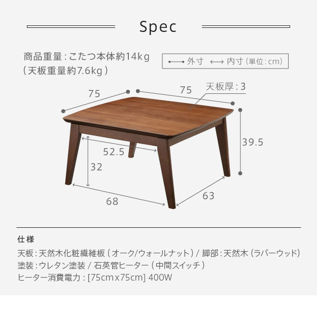 75×75cmテーブルのサイズ