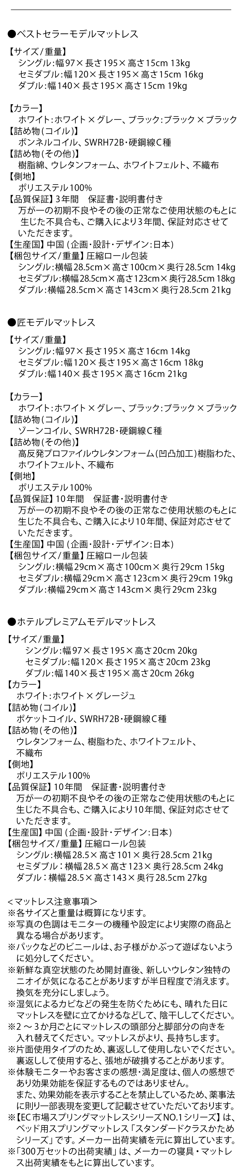 各マットレスのスペック