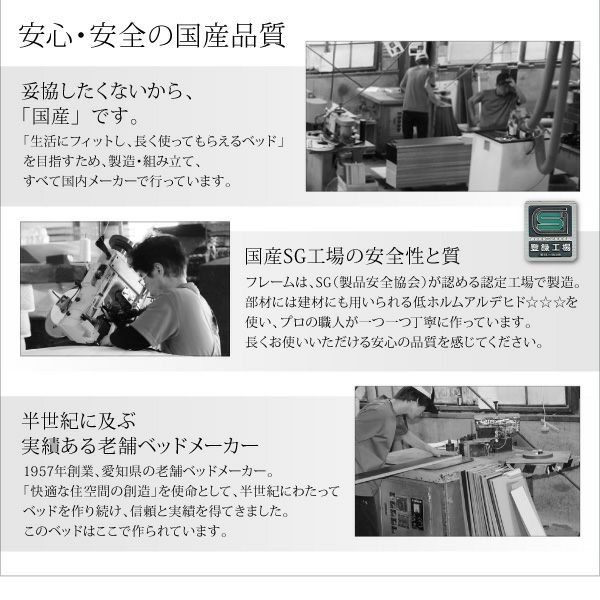 フレームはSG（製品安全協会）が認める認定工場で製造。部材には低ホルムアルデヒドF☆☆☆