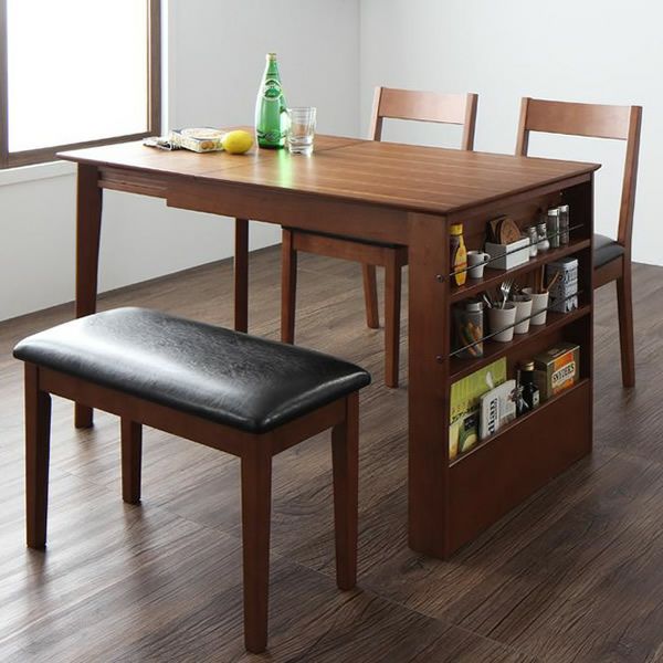 収納ラック付 伸縮ダイニング4点セット 北欧ヴィンテージテイスト【Eric】エリック　《テーブル＋チェア×2＋ベンチ》