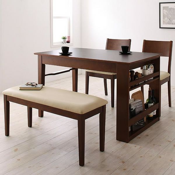 3段階に広がる！収納ラック付きエクステンションダイニング 【Dream.3】　4点セット《テーブル＋チェア×2＋ベンチ》