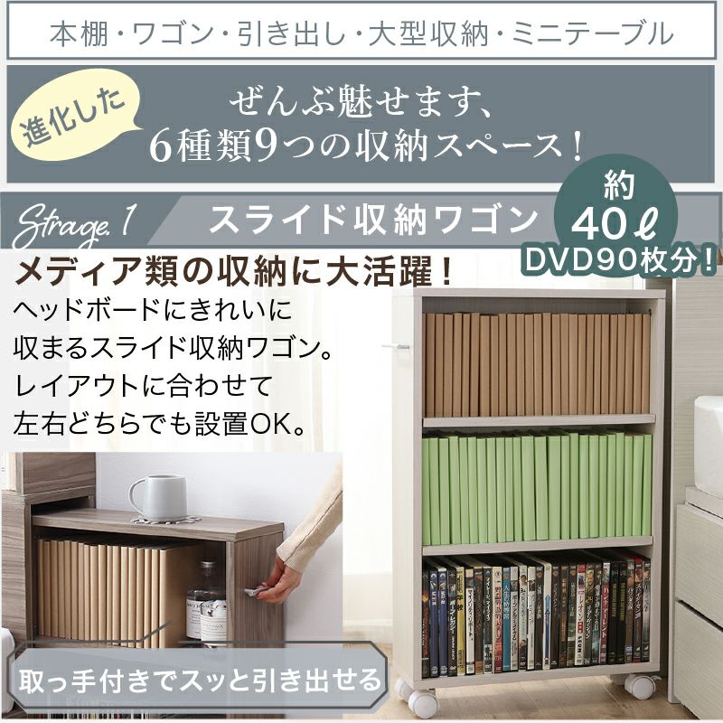 ヘッドボードにはDVDや本が入るスライド収納