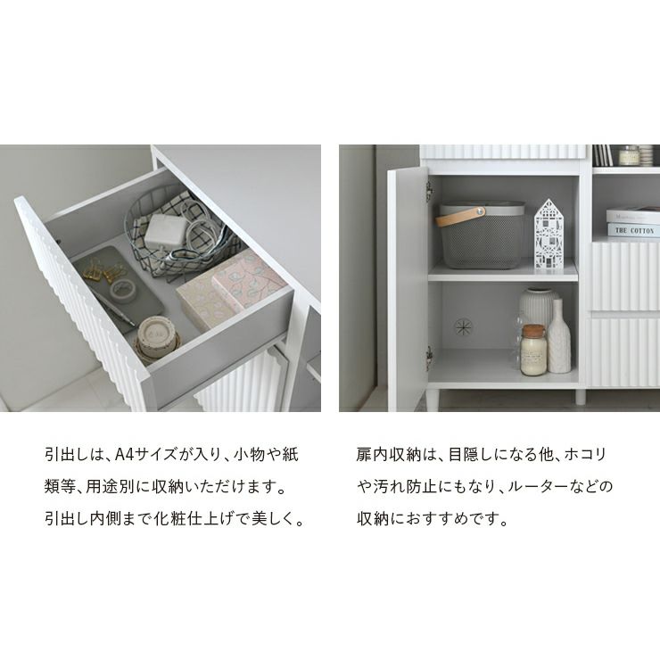 A4サイズの入る引出しには小物を、扉にはルーターなどの収納にも